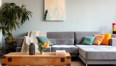 Interior of modern living room with grey sofa, coffee table and plantの素材