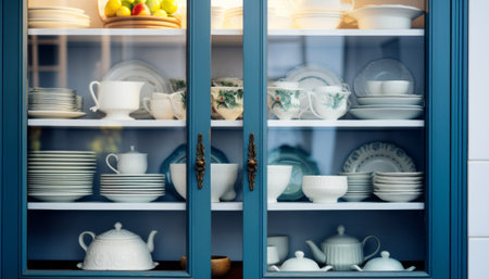 Close up of a blue cupboard with dishes and crockeryの素材