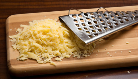 grated cheese on a wooden cutting board with a grater.の素材