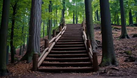Wooden stairs in the forest. Beautiful landscape with wooden stairs in the forest.の素材