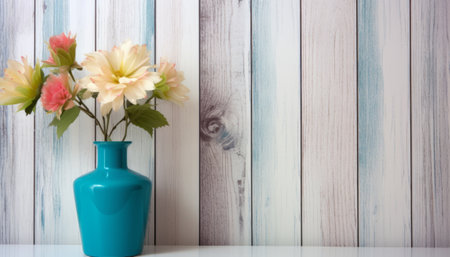 Vase with flowers on a wooden background. Copy space for text.の素材