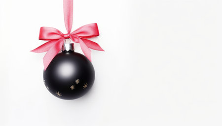 Black christmas ball with red ribbon and bow on white background.の素材