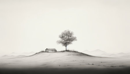 Lonely tree on a hill with a house in the backgroundの素材