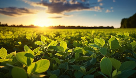 Green soybean field at sunset. Agricultural landscape with green soybean plants.の素材