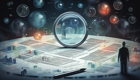 Businessman looking at financial charts with magnifying glass. 3D renderingの素材