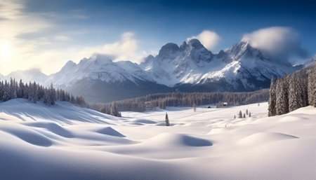 Panoramic view of snow covered Dolomites mountains, Italyの素材