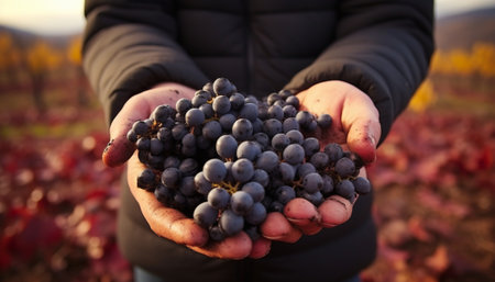 Close-up of woman hands holding bunch of grapes in autumn vineyardの素材