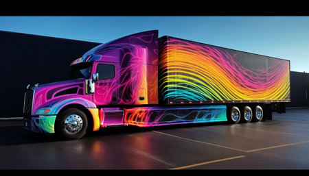 A modern semi-trailer truck with a multicolored trailer.の素材