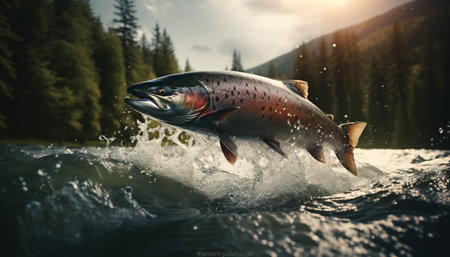 Rainbow trout caught in a river on a background of mountains.の素材