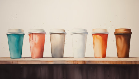 Colorful paper coffee cups on wooden table and white wall background.の素材