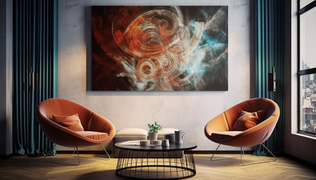 Modern living room interior with two orange armchairs and coffee table. 3D Renderingの素材