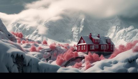 3D render of a red house in the middle of the snowy mountainsの素材
