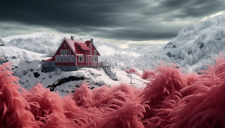 Fantasy landscape with red house in winter mountains. 3D renderingの素材