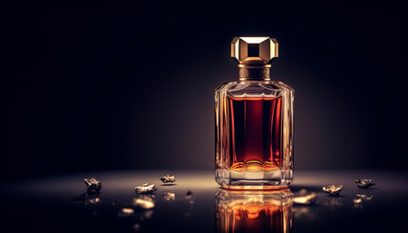 Bottle of perfume on black background with reflection and copyspaceの素材