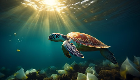 Green sea turtle swimming underwater in the ocean with sun rays and lens flareの素材
