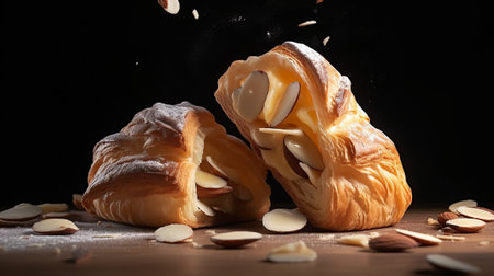 Two croissants with almonds falling into the air on a black backgroundの素材