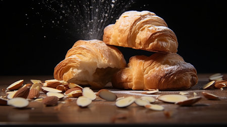 Fresh croissants with almonds on a wooden table and black backgroundの素材