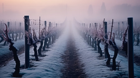 Winter vineyard in the mist. Winemaking in the Netherlandsの素材