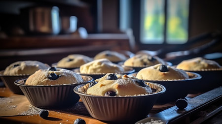 Homemade muffins with blueberries in a baking dish. Selective focus.の素材