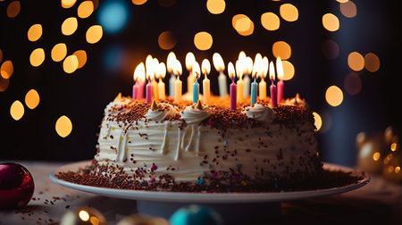 Birthday cake with burning candles on blurred lights background, closeupの素材