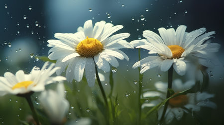 Beautiful daisies with water drops on a green meadowの素材