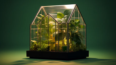 Glass florarium with plants on a green background. 3d renderingの素材
