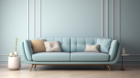 interior with blue sofa, 3d render illustration mock-upの素材