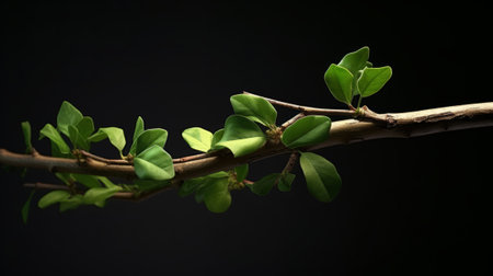 Green leaves on a branch on a black background. Studio photography.の素材