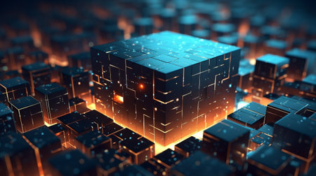 Abstract 3d rendering of cubes with glowing particles. Technology background.の素材
