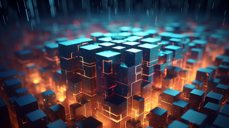 3d rendering of abstract technology concept. Creative glowing city background.の素材