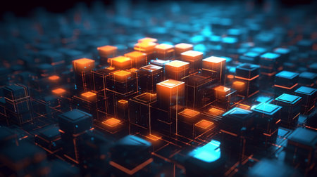3d rendering of abstract technology background with glowing cubes. Network conceptの素材