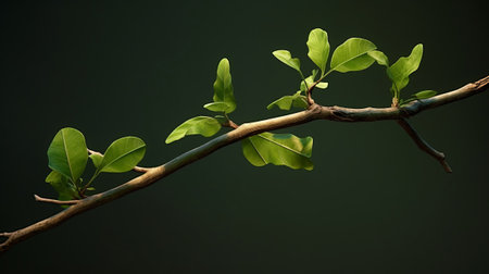 Branch with green leaves on a dark background. Studio shot.の素材