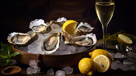 Fresh oysters with ice and a glass of white wine on wooden backgroundの素材