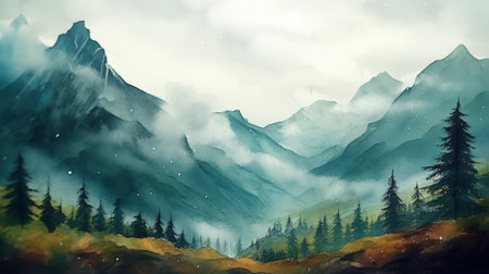 Fantasy landscape with mountains, forest and clouds. Digital painting.の素材