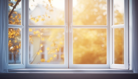 White plastic window with autumnal leaves on the background. 3d renderingの素材