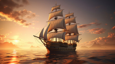 sailing boat in the sea at sunset - 3d render illustrationの素材