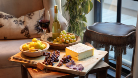 cheese plate with grapes and red wine on the table at homeの素材