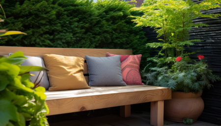 Outdoor patio with cushions on a wooden bench in the gardenの素材