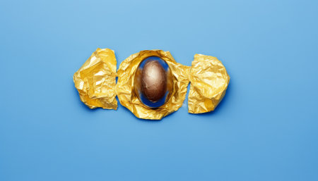 chocolate egg in golden wrapping paper on blue background with copy spaceの素材