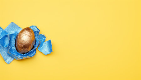 Chocolate Easter egg wrapped in blue paper on a yellow background.の素材