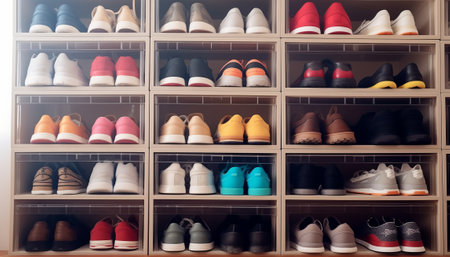 Colorful sport shoes on shelves in shoe store, vintage tone.の素材