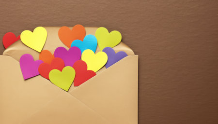 Envelope with colorful paper hearts on brown background, valentines day conceptの素材