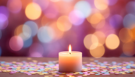 Burning candle with colorful confetti on bokeh background, closeupの素材