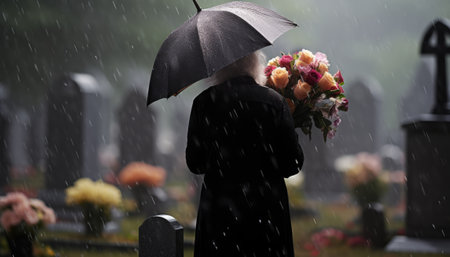 Woman with umbrella and bouquet of flowers at the cemetery in rainy dayの素材