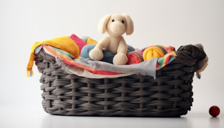 A basket full of clothes on a white background with a toy bearの素材