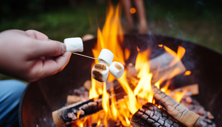 Marshmallows on a stick over a campfire in the forestの素材