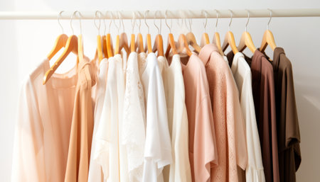 Women's clothes on hangers in wardrobe. Blurred background.の素材