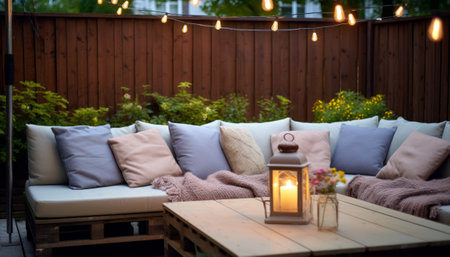 Lantern on a wooden terrace with cushions and pillowsの素材