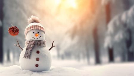 Snowman on winter forest background. Christmas and New Year concept.の素材