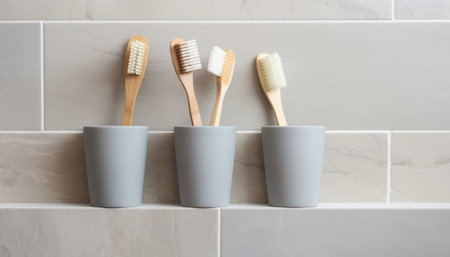Eco friendly bamboo toothbrushes in a ceramic cup on a tile backgroundの素材